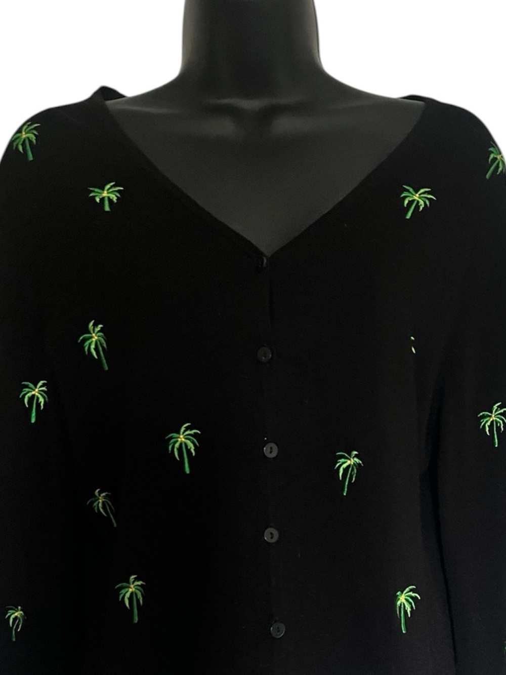 Etolie Black V-Neck Button Cardigan with Green Palm Trees Sz L